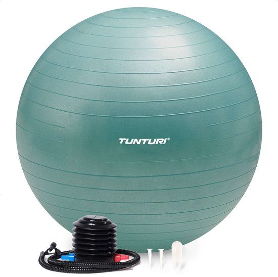 Tunturi Anti Burst Fitness bal met Pomp - Yoga bal 90 cm - Pilates bal - Zwangerschapsbal – 220 kg gebruikersgewicht - Incl Trainingsapp – Petrol