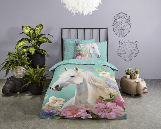 Good Morning dekbedovertrek paard met bloemen - 1 persoons 140x200/220 cm - Mint - 100% Katoen renforce
