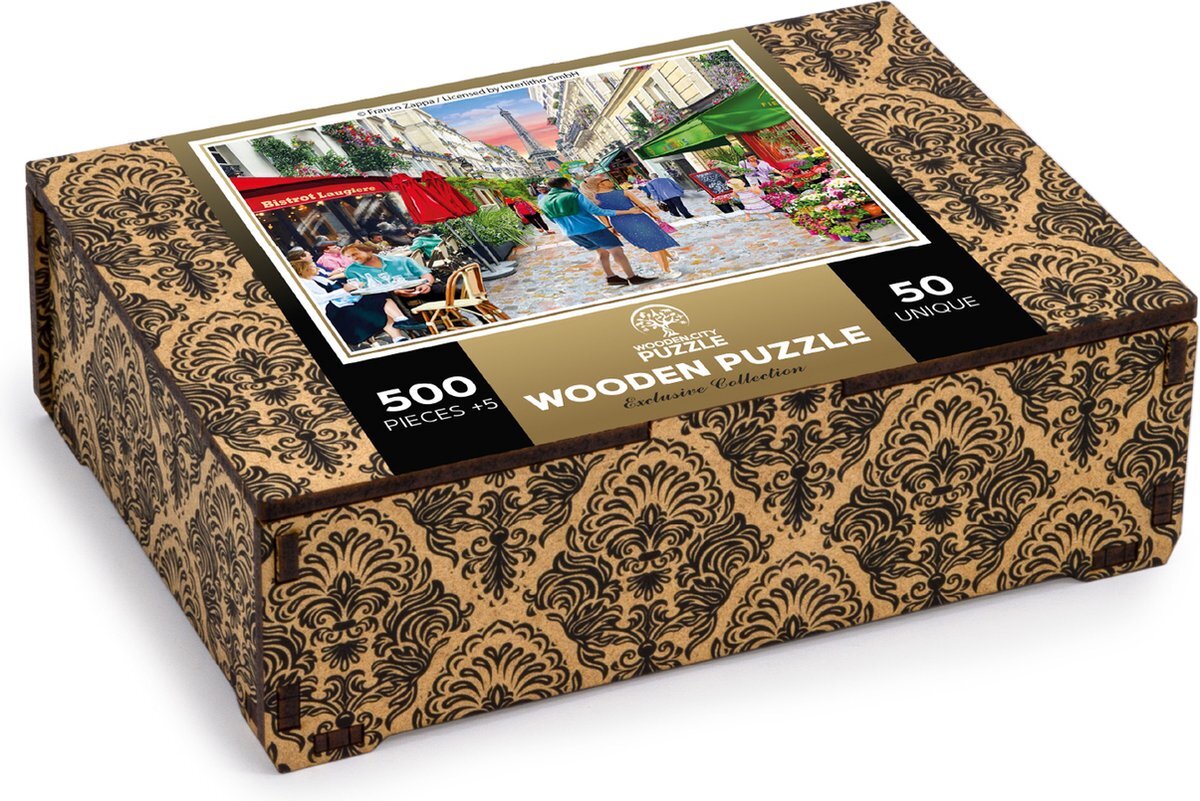 Wooden City Houten puzzel 500 +5 stukjes - Paris Bistro - Uniek ongebruikelijk met gevormde stukjes - Uitdagende mozaïekpuzzel voor kinderen en volwassenen - Geweldig verjaardagscadeau - Houten