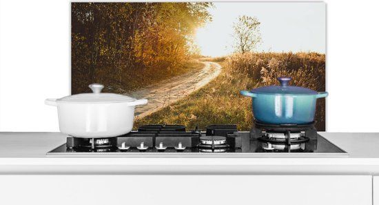 KitchenYeah Spatscherm keuken 90x45 cm - Kookplaat achterwand Pad - Natuur - Boom - Muurbeschermer - Spatwand fornuis - Hoogwaardig aluminium