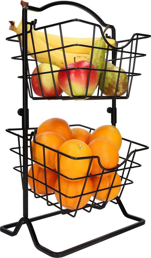 QUVIO Fruitschaal - 2 lagen - Metaal - Fruitmand - Etagere - Schaal decoratie - Opbergmand - Organizer - Zwart - 19 x 24 x 45 cm