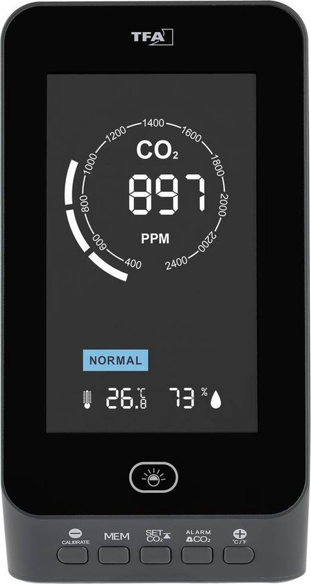 TFA CO2 melder AIRCONTROL UP Single Beam, 31.5011.10, luchtkwaliteitmonitor, NDIR Single Beam Sensor, met alarmfunctie, antraciet