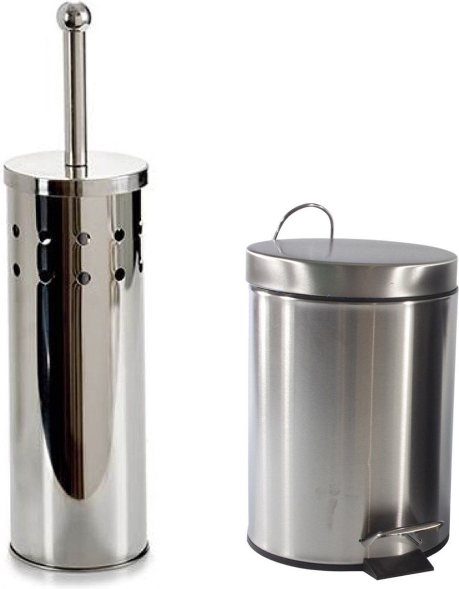 Berilo - Toiletborstelhouder met pedaalemmer - Zilver - RVS - 38 cm - 3 liter