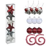 Kerstdecoratieset rood/zilver/wit: 6 kerststerren (3 kleuren) + 3 x glazen bol 100 mm wit + 3 x glazen bol 90 mm rood + 3 x F