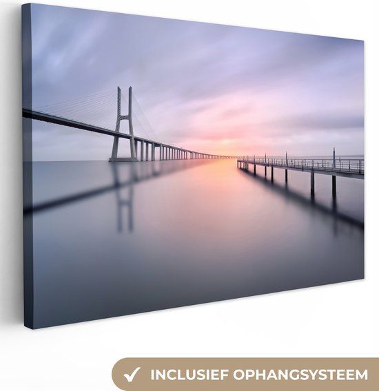 OneMillionCanvasses Canvas schilderij - Brug - Architectuur - Water - Portugal - Zonsondergang - 90x60 cm