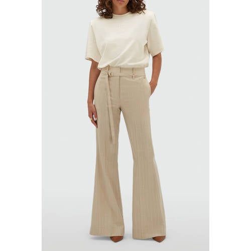 JOSH V wide leg broek met ceintuur en krijtstreep - beige