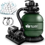 tillvex Système de filtre à sable 7.900L/h + 400g Boules filtrantes | Installation de filtre à sable installation de filtre 7 voies valve & Adaptateur Ø32-38mm | Filtre de piscine avec affichage de pression | Filtre à sable piscine (Vert)