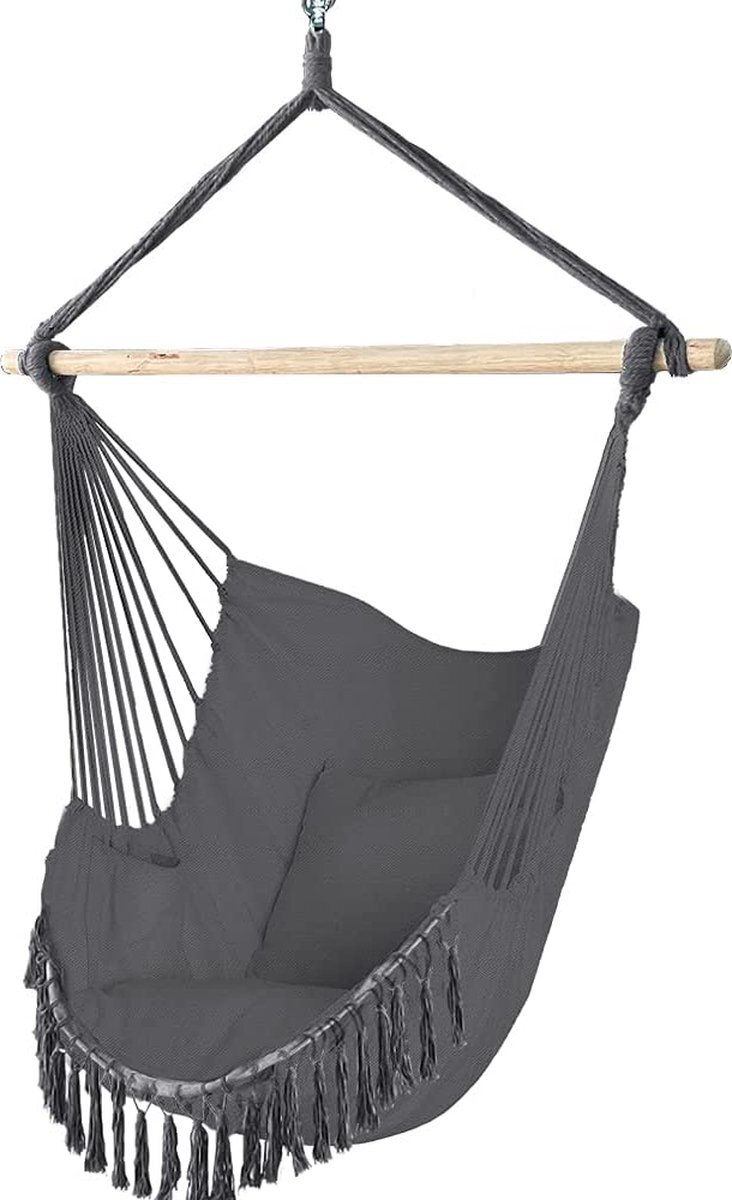 VOUNOT Model B Hangstoel met 2 kussens & boekenvak, hangstoel XXL hangmat schommel voor binnen en buiten, grijs