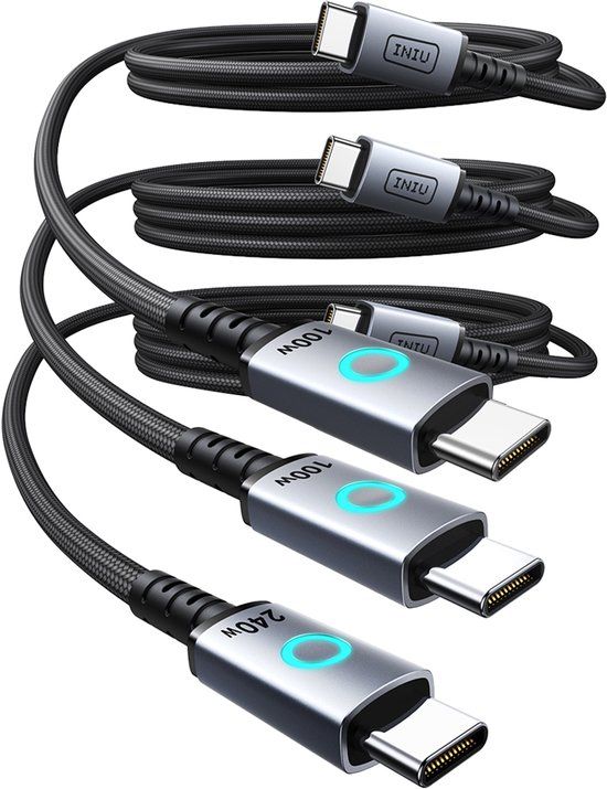 Iniu, Pack USB-C naar USB-C PD 100W en 240W Kabel Luipaardprint Gevlochten Nylon Snel, Zwart