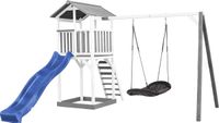 AXI Beach Tower Speeltoestel in Grijs/Wit - Speeltoren met Roxy Nestschommel, Blauwe Glijbaan en Zandbak - FSC hout - Speelhuis op palen voor de tuin