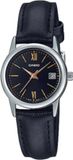 Casio LTP-V002L-1B3 Damesarmband, zwart leer, datumwijzerplaat, 3-hand, analoog horloge