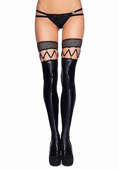 7 Heaven MARICA Wetlook, Fishnet and Strappy Stockings - Black - L/XL L/XL