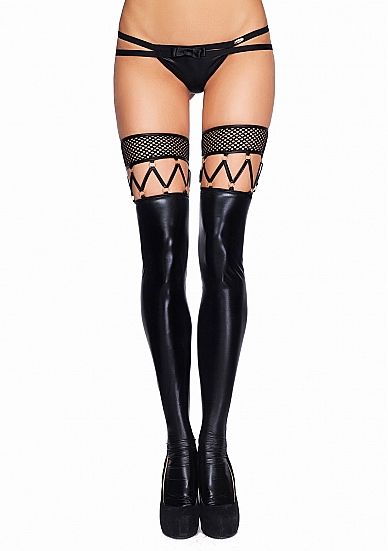 7 Heaven MARICA Wetlook, Fishnet and Strappy Stockings - Black - L/XL