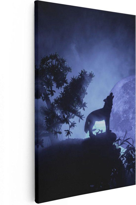 Artaza Canvas Schilderij Huilende Wolf In Silhouet Bij Volle Maan - 20x30 cm - Canvas Print