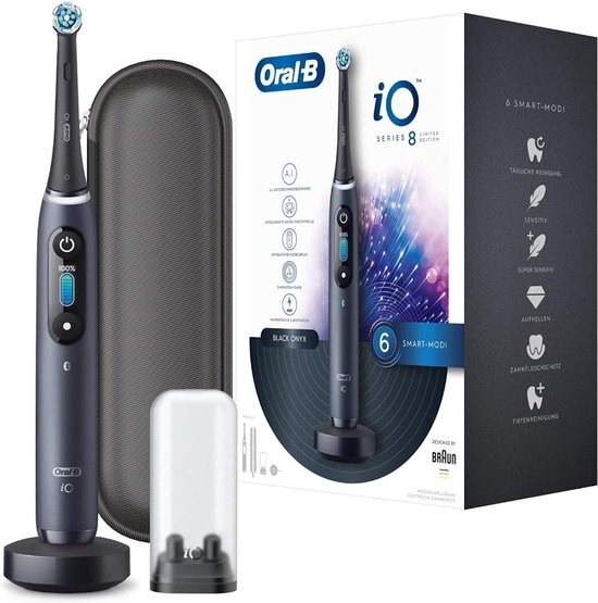 Oral-B iO Series 8 Elektrische tandenborstel/elektrische tandenborstel, 6 poetsmodi voor tandverzorging, magneettechnologie, kleurendisplay en reisetui, Limited Edition, black onyx