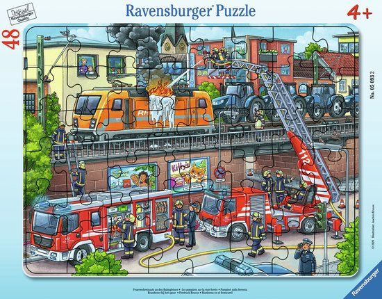 Ravensburger Kinderpuzzle - 05093 Feuerwehreinsatz an den Bahngleisen - Rahmenpuzzle für Kinder ab 4 Jahren, mit 48 Teilen