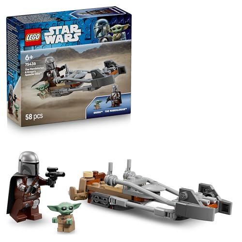 LEGO Star Wars 75436 De Mandalorian en Grogu's Speederbike – Bouwpakket voor Kinderen met Grogu Figuur en Din Djarin Minifiguur met Blaster – Klein Verjaardagscadeau voor Jongens Vanaf 6 Jaar en Fans