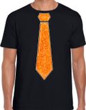 Bellatio Decorations Verkleed shirt heren - stropdas glitter oranje - zwart - carnaval - foute party M