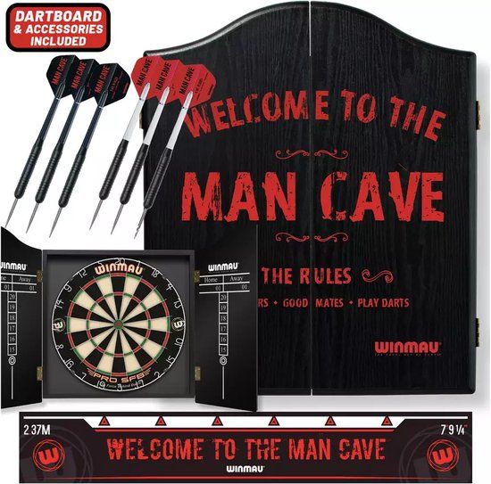 Winmau Man Cave Dartbord & Zwart Cabinet, met 2 sets darts