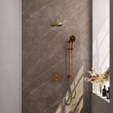 Brauer Gold Edition Thermostatische Regendoucheset Inbouw - Hoofddouche 20 cm - Gebogen Wandarm - 3 Weg - Handdouche Rond 3 Standen - Doucheslang - Geintegreerde Glijstang - Geborsteld Goud