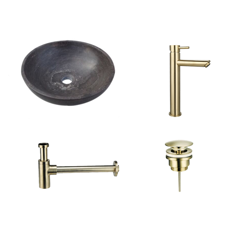 Badkamerplanet Natuurstenen Waskomset Rond Goud Opbouwkraan 38x38x12 cm