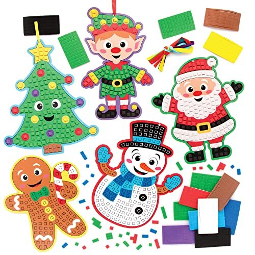 Baker Ross FC197 Kerst mozaïek decoratie sets - Set van 5, Mozaïektegels knutselen, Mozaïekpakketten voor Kinderen, Creatieve Activiteiten voor Kinderen