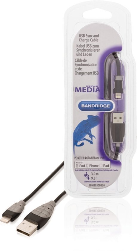 Bandridge BBM39300B30 USB sync and charge kabel USB A male - 8-pins