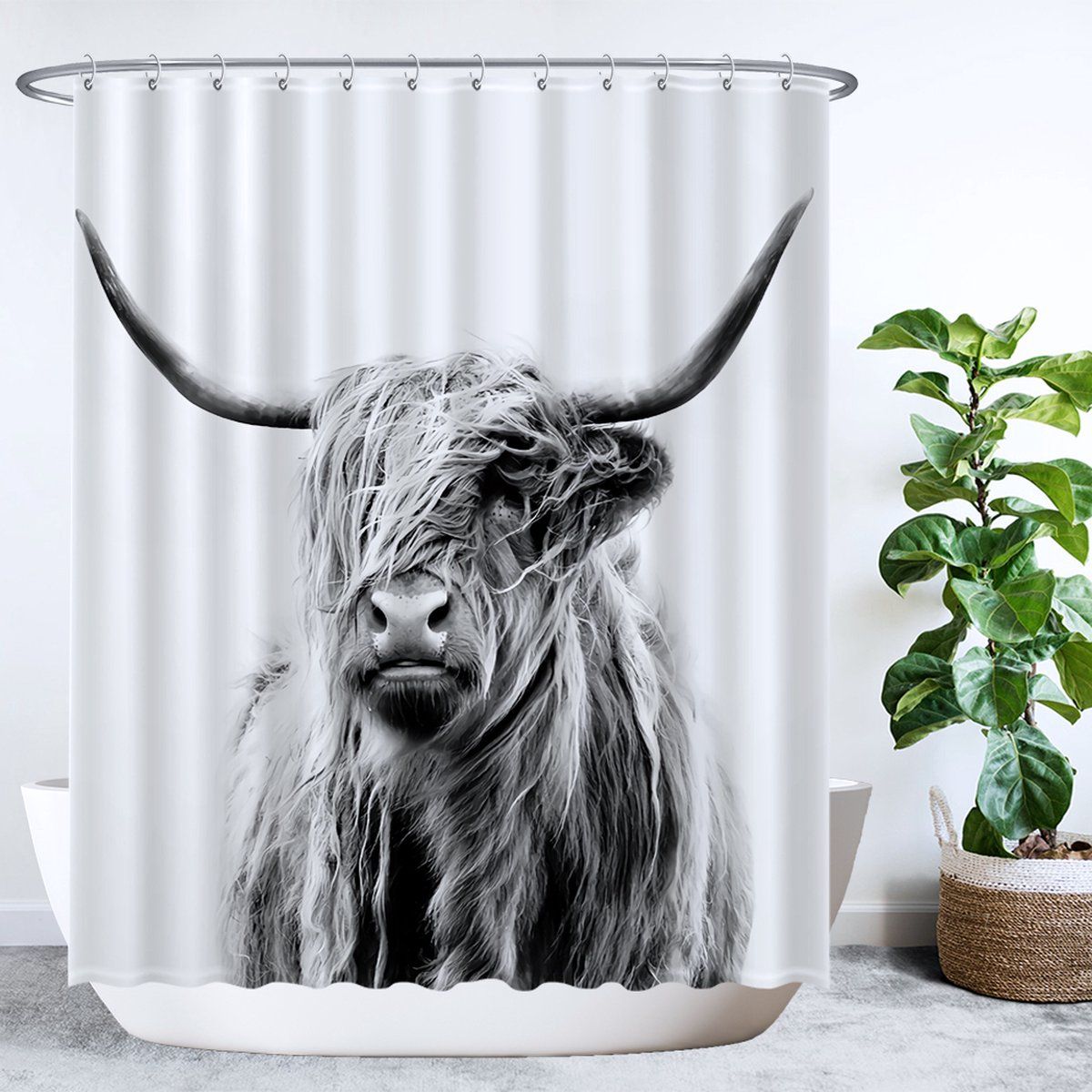 Ulticool Douchegordijn - Schotse Hooglander Zwart Wit - 180 x 200 cm
