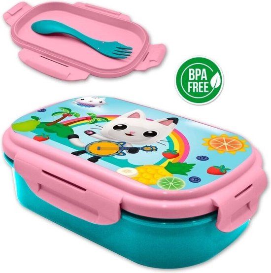 Merkloos Gabby's Poppenhuis Broodtrommel / Lunchbox / Lunchtrommel - Met bestek (vork / Lepel) - Schoolset - Gabby`s Dolhouse