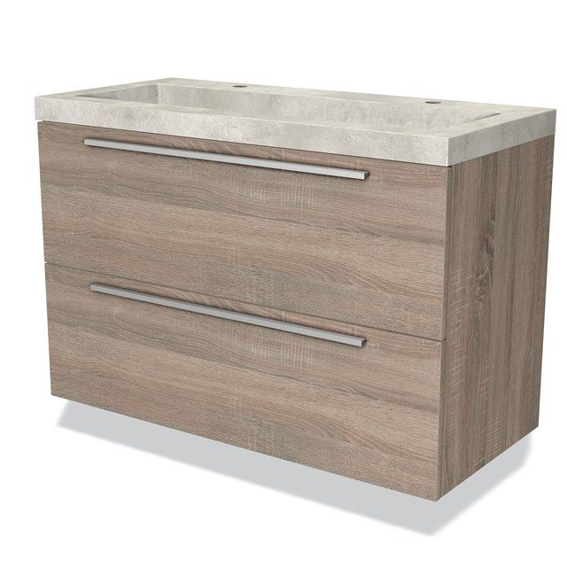 Maxaro Badkamermeubel 100cm Modulo Eiken 2 Lades Vlak Wastafel Beton Greige