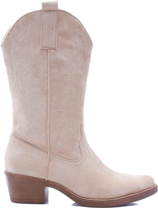 SmileFavorites® Dames Cowboylaarzen met Hak - Beige - Suedine - Maat 39