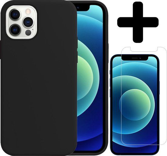 iPhone 12 Pro Max Case - Silicone Cover with Screen Protector - Black