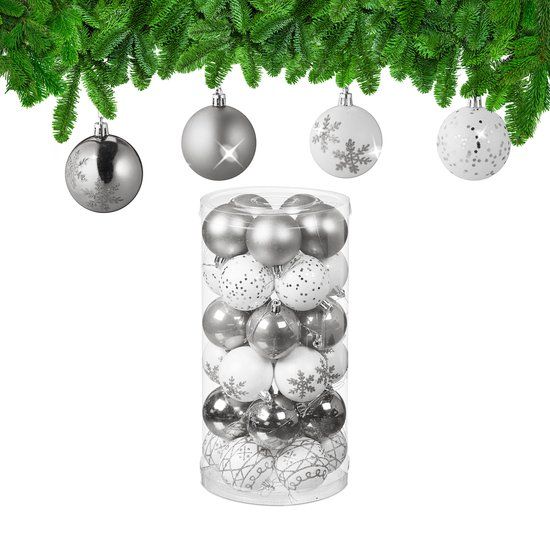 Relaxdays Kerstballen Set van 30 - Kunststof - Ø 6 cm - Mat, Glanzend, met Glitters - Zilver