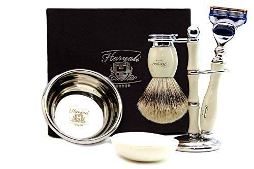 Haryali London Ivoor Colour Shaving Set Voor Heren - Pure Sliver Tip Badger Haar, Borstel Stand, RVS Bowl en gratis Zeep - Cadeau
