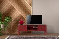 Stijlvolle rode tv-unit, 150 cm breed, 40 cm hoog, 50 cm diep, 100% MDF met spreuken top en hoornbeam poten, modern design voor woonkamer en entertainmentruimtes