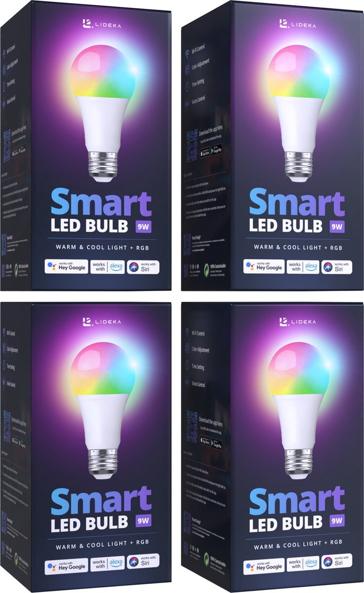 LIDEKA Lideka® - Slimme LED Lamp - E27 9W - Set Van 4 - RGBW - met App - 800 Lumen - 2700K - 6500K - Smart LED Verlichting - Dimbaar - Google, Alexa en Siri