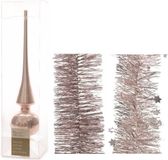 Decoris Kaemingk B.V. Kerstversiering glazen piek glans 26 cm en folieslingers pakket lichtroze van 3x stuks - Kerstboomversiering