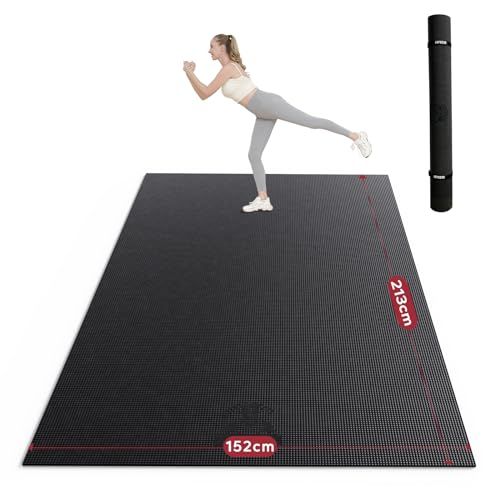 Hapbear Yogamat, XXL, Extra Breed, Sportmat, Fitnessmat, Antislip, 213 x 152/183 x 122 x 0,8 cm Dik, Hoge Dichtheid, Ultra Duurzaam PVC, Gymnastiekmat met Fitnessbanden, Schoenvriendelijk, Zwart