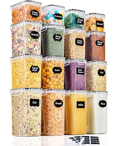 GoMaihe Voorraaddoos, 16-delige set, luchtdichte keukenorganizer van kunststof, met deksel, geschikt om muesli, meel, koffiebonen, cornflakes e.d. in te bewaren, formaat: 1,7 l, 1,25 l, 0,75 l