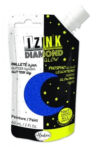 Aladine - Izink Diamond Glow - dagglitterverf, fosforescerend de nacht - zeer dekkend, voor alle ondergronden - DIY en creatieve vrije tijd - zachte drinkfles, 60 ml - blauw