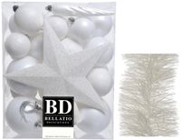 Decoris Boules de Noël set 35x blanc plastique mix tailles 5-6-8 cm - étoile pic - guirlandes lametta - décoration sapin de Noël