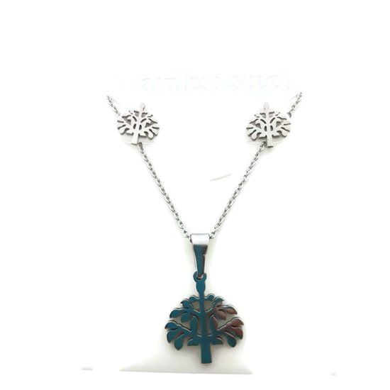 Aramat Jewels Sieradenset - Oorbellen en ketting levensboom - Staal - Dames - 45cm
