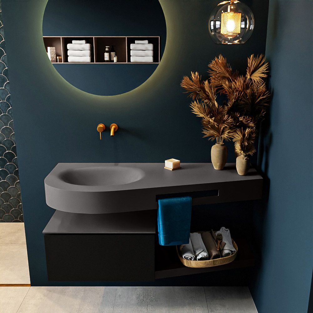 MONDIAZ RIVA 120cm badmeubel onderkast / planchet Urban met 1 lade + DULCET wastafel links Dark_Grey
