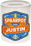Bellatio Decorations Kinder spaarpot met naam - Justin - keramiek - met dop - wit