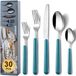 Unyqoos® Set de couverts, 30 pièces pour 6 personnes, acier inoxydable – poignées bleu foncé, incluant 6 cuillères de table, 6 cuillères à dessert/à café, 6 couteaux de table et fourchettes à salade, 6 couteaux de table, lavable au lave-vaisselle