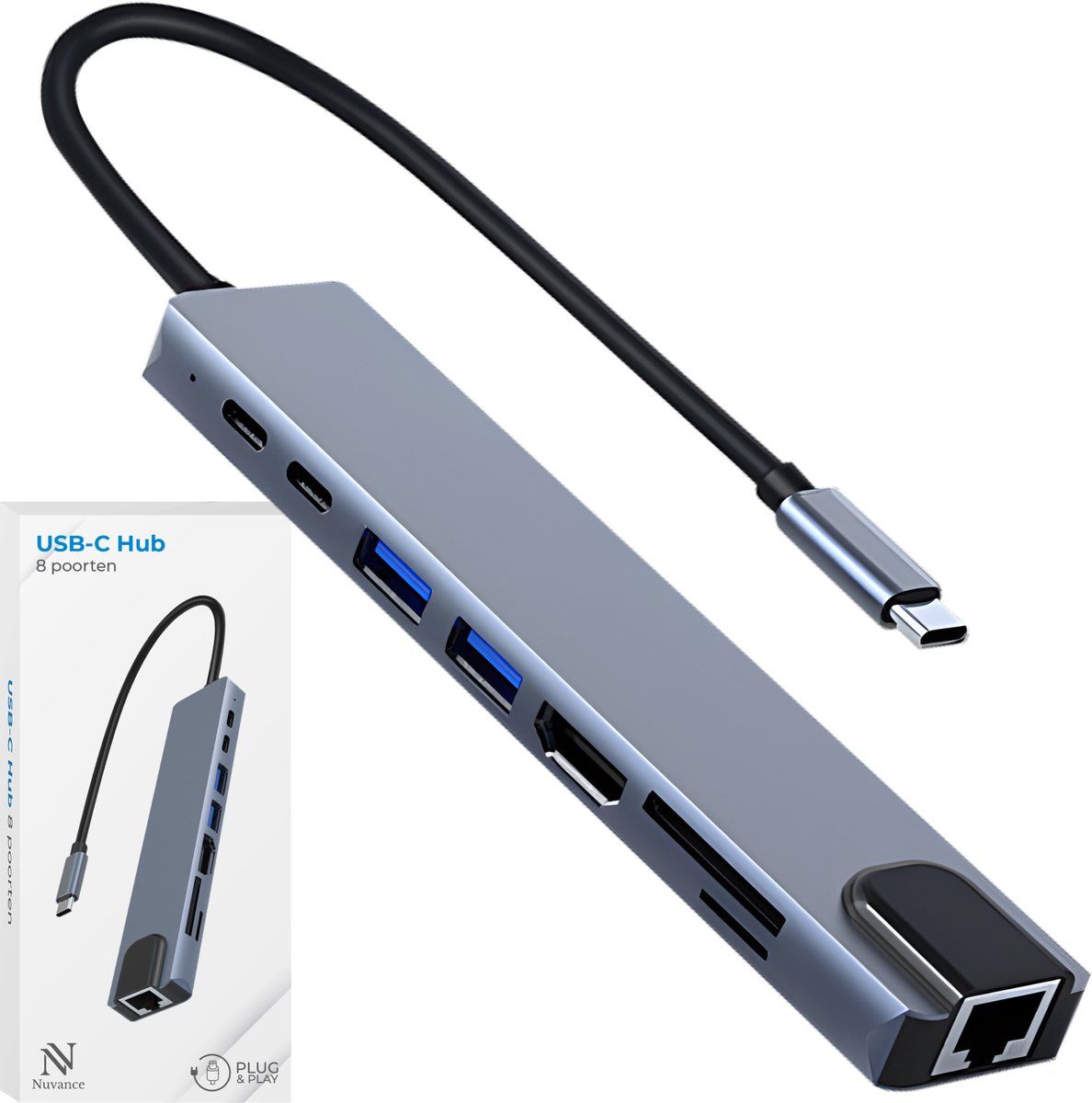 Nuvance USB C Hub - HDMI 4K - Splitter - Docking Station - Micro & SD Kaartlezer - Ethernet - USB C Laptop Opladen