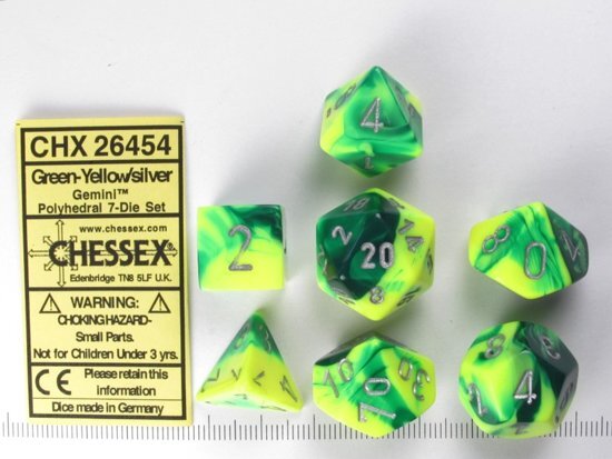Chessex dobbelstenen set 7 polydice Gemini green-yellow w/silver