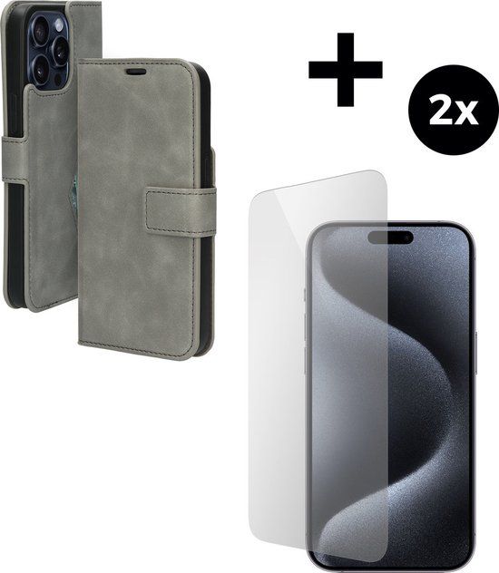 Mobiparts Classic Wallet Case for Apple iPhone 15 Pro Max - Grey with 2 Tempered Glass Screen Protectors