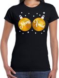 Bellatio Decorations Shoppartners Bv Fout kerst t-shirt zwart met gouden merry Xmas ballen borsten voor dames - kerstkleding / christmas outfit S