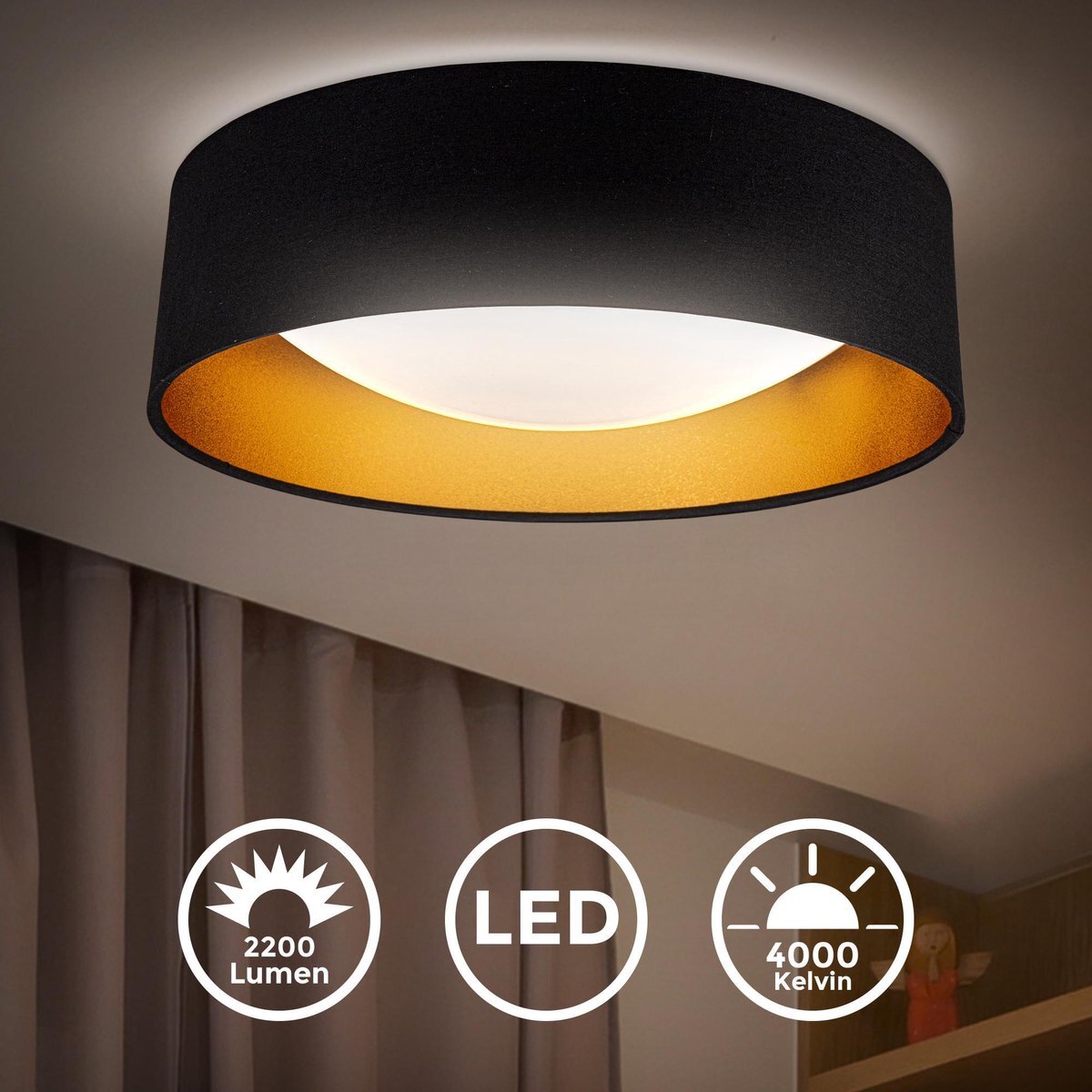 B.K.Licht - LED Plafondlamp - gouden zwarte plafonniére - Ø40cm - voor binnen - 4.000K - 2.200Lm - 18W LED